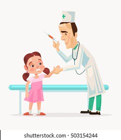 Doctor character doing frightened doing child character vaccination. Vector flat cartoon illustration