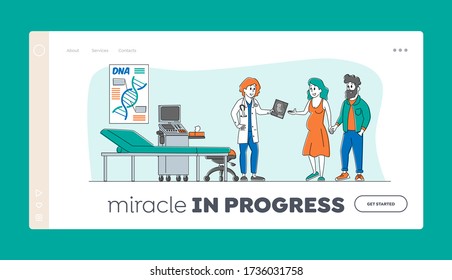 Doctor Character Doing Ultrasound Screening Landing Page Template. Pregnant Woman and Husband Visit Hospital for Sonography Scan Looking at Fetus Image. Linear Vector People Vector Illustration