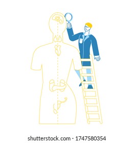 Doctor Character Endocrinologist in Medical Robe Stand on Ladder Examine Patient with Hormone Disbalance Disease, Analysing Endocrine Health, Lymph Nodes and Thyroid Gland. Linear Vector Illustration