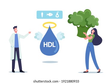 Personaje médico explica el beneficio del buen colesterol para una pequeña paciente con una enorme pieza de brócoli en las manos. Hdl Angel Fat Drop e Infografías de Medicina. Ilustración de vectores de personas de caricatura