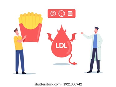 Der Arzt erklärt die Gefahr von Bad Cholesterol für den winzigen Patienten mit riesiger französischer Fries Fast Food Box in den Händen. Ldl Devil Fat Drop und Medicine Infografiken. Vektorgrafik von Cartoon People