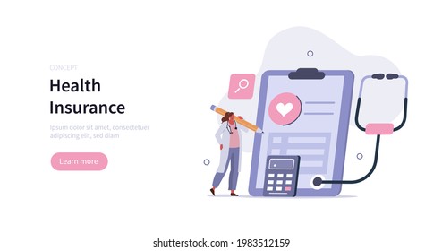Doctor character filling and calculating health insurance contract. Medical consultation and diagnosis. Modern health care services and medicine concept. Flat cartoon vector illustration.