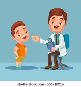 Doctor character giving medicine to little boy patient. Vector flat cartoon illustration
