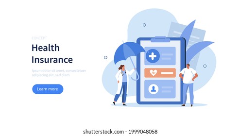 Doctor character holding umbrella and presenting health insurance contract. Medical consultation and diagnosis. Modern health care services and medicine concept. Flat cartoon vector illustration.