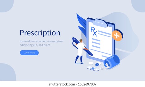 Doctor Character in Hospital filling Medical Rx Prescription Form. Pharmacist Choosing Dose for Medicament. Pharmacy Store and Health Care Concept. Flat Isometric Vector Illustration.
