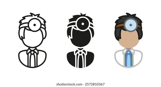 Doctor character icon. Dentist uniform with reflector vector illustration. Medic person portrait. Medical examination symbol. Surgeon specialist sign. Hospital clinic profession. Doctor pictogram.