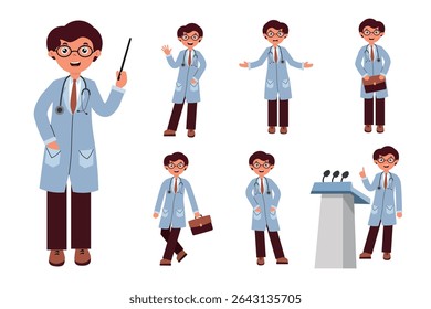Doctor character illustration engaging in various activities in a friendly and professional manner. Set of doctor characters in flat style on white background.