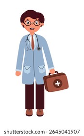 Doctor character in lab coat holding medical bag ready to provide assistance to patients in medical facility in professional setting. Flat style vector illustration isolated on white background.
