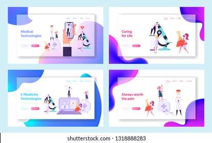 Doctor Character Make Diagnosis Consultation Online Landing Page. Patient E-medical Technology Concept Set. Can Use for Website or Web Page. Medical Service Flat Cartoon Vector Illustration