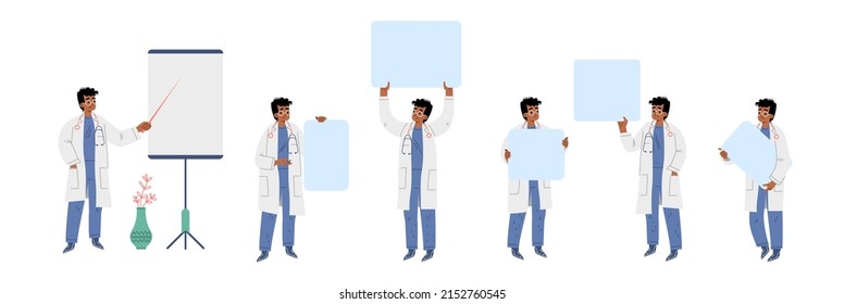 Doctor character make presentation and hold empty banners. Vector flat illustration of medical specialist work in hospital or health clinic. Man in uniform with stethoscope and blank posters