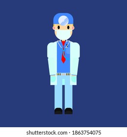 Doctor character. Male person standing isolated on deep blue background, flat design vector illustration.