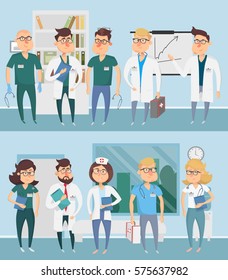 Doctor character man and woman set on the background of the hospital interior