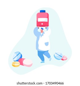 Doctor Character in Medical Robe Holding Pills Bottle with Scattered Medication Tablets around. Disease Treatment in Clinic or Hospital, Healthcare Online Medicine Service. Cartoon Vector Illustration