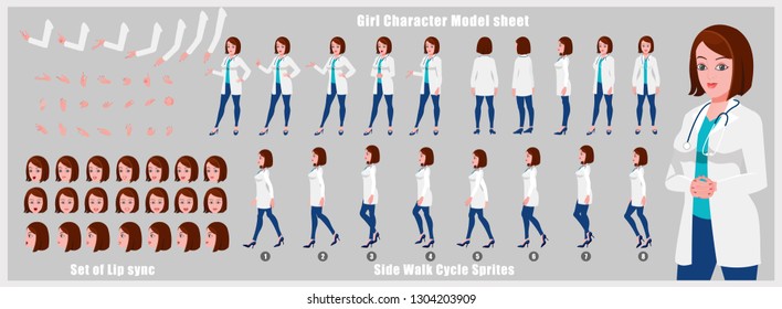 Doctor Character Model sheet with walk cycle animation. People character design. Front, side, back view animated character. character creation set with various views, face emotions,poses and gestures.