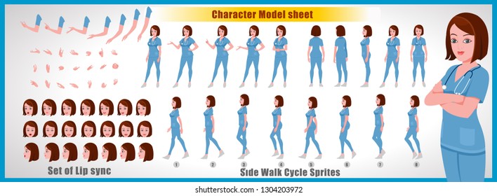 Doctor Character Model sheet with walk cycle animation.Doctor character design. Front, side, back view animated character. character creation set with various views, face emotions,poses and gestures.