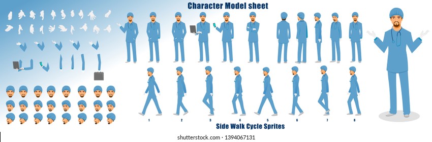 Doctor Character Model sheet with Walk cycle Animation. Flat character design. Front, side, back view animated character. character creation set with various views, face emotions,poses and gestures.