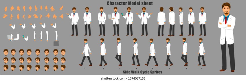 Doctor Character Model Sheet With Walk Cycle Animation. Character Design. Front, Side, Back View Animated Character. Character Creation Set With Various Views, Face Emotions,poses And Gestures. 