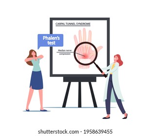 Doctor Character Presenting Infographics with Carpal Tunnel Syndrome due to Median Nerve Compression in Wrist. Woman Make Phalen Test, Office Worker Health Problem. Cartoon People Vector Illustration