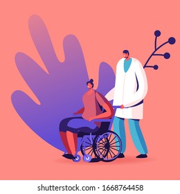 Doctor Character Pushing Wheelchair with Sick Woman Having Vein Thrombosis Disease or Paralyzed Feet. Disability, Varicose Problem, Recovery after Surgery Concept. Cartoon People Vector Illustration