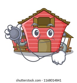 Doctor character red barn building with haystack