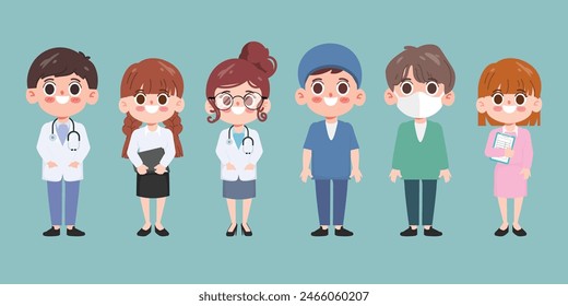 Doctor juego de caracteres para la medicina. Los médicos de la salud en la animación hospitalaria. Diseño de dibujos animados de Vector.