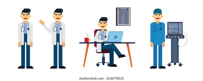 Doctor character set with various poses and gestures, Vector illustration in a flat cartoon style.