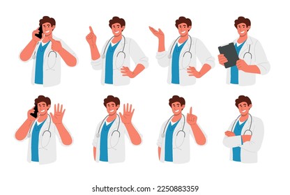 Juego de personajes de doctorado.Joven doctor habla por teléfono, enseña, señala, da pistas y saluda.Retrato de paramédico amistoso con estetoscopio en poses diversas.Ilustración de caricatura vectorial