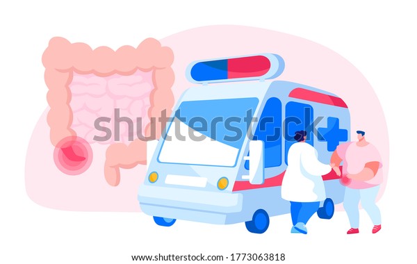 Doctor Character Stand at Ambulance Car\
Trying to Help Sick Man Touching Painful Stomach Suffering from\
Stomachache Causes of Appendicitis Inflammation Disease. Cartoon\
People Vector\
Illustration