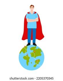 Doctor character with super hero cape standing on earth. Medicine concept vector illustration isolated on white background.