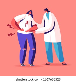 Doctor Character Trying to Help Sick Woman Touching Painful Stomach Suffering from Stomachache Causes of Appendicitis Inflammation Disease. Health and Healthcare Concept. Cartoon Vector Illustration