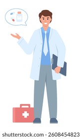 Doctor character in uniform portrait. Male hospital or clinic worker with stethoscopes and medicines. Medical consultation, research, support or insurance. Vector illustration on white background.