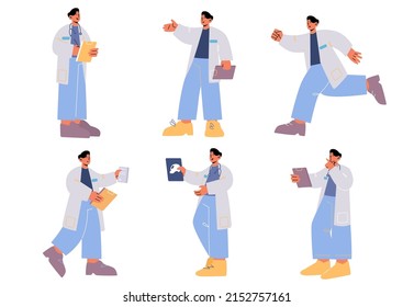 Doctor character in uniform with stethoscope, x-ray image and clipboard. Vector flat illustration of man physician work in hospital or medical clinic, run, think, fill prescription