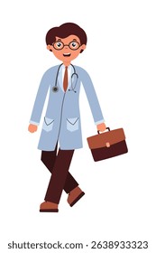 Doctor character walking with a briefcase in a professional outfit in a cartoon style, showcasing a friendly demeanor. Vector isolated illustration in flat style on white background.
