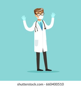 Doctor character wearing rubber gloves and medical mask vector Illustration