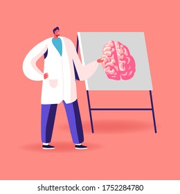 Doctor Character in White Medical Robe Pointing on Signboard with Human Brain Explain its Opportunities, Alzheimer and Dementia Disease Symptoms, Mental Sickness, Hypnosis. Cartoon Vector Illustration