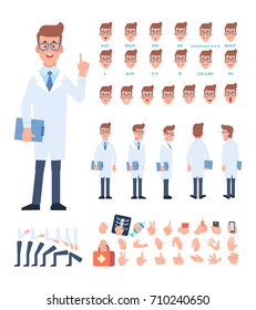 Personagem médica para suas cenas. Criação de personagens definido com vários pontos de vista, emoções de rosto, sincronização labial, poses e gestos. Peças de modelo de corpo para trabalho de design e animação.