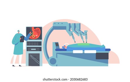 Doctor Characters Distantly Control Cyborg Arm for Patient Operation with Medical Robot. Surgical Intervention in Human Body, Contemporary Futuristic Technologies. Cartoon People Vector Illustration