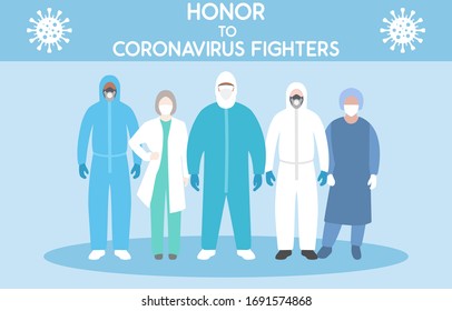 Personajes Doctor, Peleadores de Coronavirus Estilo Dibujo. Gracias Médicos Luchan contra COVID-19. Perros De Máscara Protectora Para Médicos. Enfermera, Paramédica. Ilustración de vectores de virus Corona Eps10