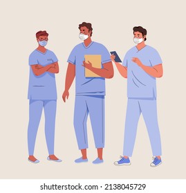 Doctor Characters. Hospital Employees. Physicians, Surgeons, Pharmacists, Dentists In Medical Uniform. Under Mask Is Smile. Illustration Isolated On White Background. Flat Cartoon Vector.
