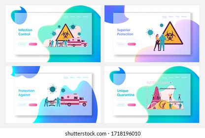 Doctor Characters Hospitalize Diseased Infectious Patient Landing Page Template Set. Man on Bed Need Mechanical Lungs Ventilation Machine Aid, Coronavirus Pandemic. Cartoon People Vector Illustration