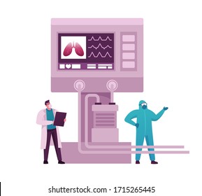 Doctor Characters in Intensive Care Emergency Room with Artificial Oxygen Lung Ventilation Electronic Monitor. Covid-19 and Coronavirus Identification, Pandemic. Cartoon People Vector Illustration
