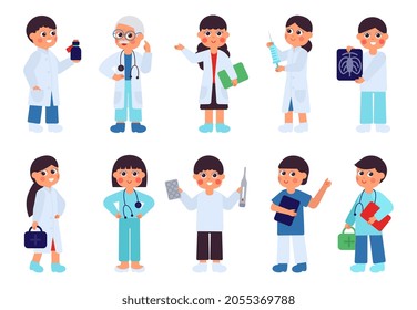 Doctor characters. Kawaii medical people, cute cartoon hospital team. Man woman wear uniform and holding medications, isolated decent vector set