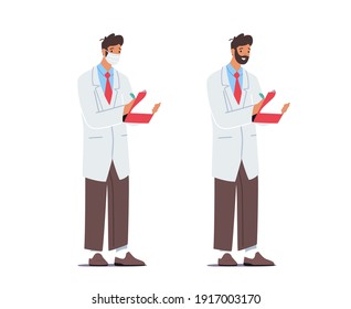 Doctor Characters in Medical Robe and Medic Mask Writing in Clipboard with Pen in Clinic. Hospital Healthcare Staff at Work. Medicine Profession, Occupation. Cartoon Vector Illustration