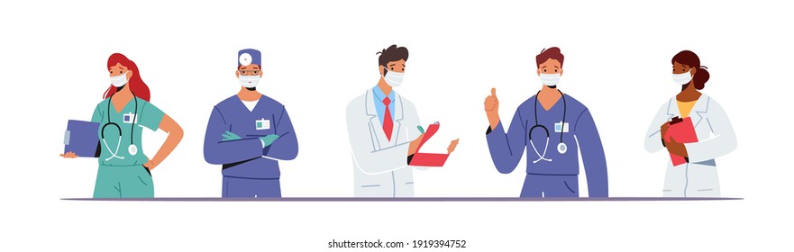 Doctor Characters in Medical Robe in Row. Hospital Healthcare Staff with Stethoscope, Medic Box Notebook, Physician in Uniform, Nurse in Clinic. Medicine Profession. Cartoon People Vector Illustration