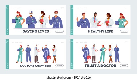 Doctor Characters in Medical Robe in Row Landing Page Template Set. Hospital Healthcare Staff with Medic Stuff, Physician in Uniform, Nurse Medicine Profession. Cartoon People Vector Illustration