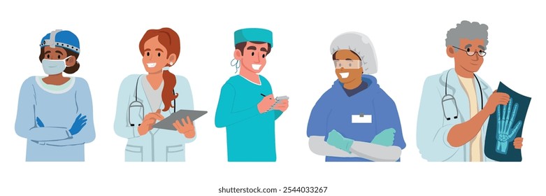 Doctor Characters in Medical Robe in Row. Hospital Healthcare Staff with Stethoscope, Medic Box Notebook, Physician in Uniform, Nurse in Clinic. Medicine Profession. Cartoon People Vector Illustration