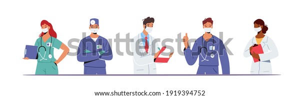Doctor Characters in Medical Robe in Row.\
Hospital Healthcare Staff with Stethoscope, Medic Box Notebook,\
Physician in Uniform, Nurse in Clinic. Medicine Profession. Cartoon\
People Vector\
Illustration