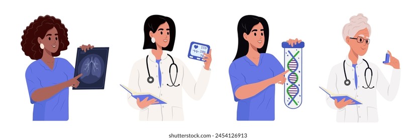 Doctor of characters. Doctor, nurse, laboratory assistant, therapist, cardiologist, pulmonologist, doctor and intern, medical uniform, vector flat set.