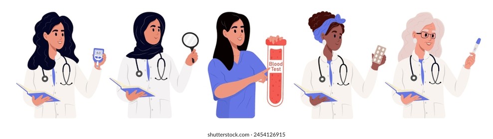 Doctor of characters. Doctor, nurse, laboratory assistant, gynecologist, endocrinologist, pharmacist, medic and intern, medical uniform, vector flat set.