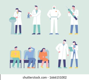 Ärztliche Charaktere zur Vorbeugung von Epidemien und Patienten, die auf eine medizinische Behandlung warten. minimale Vektorillustration im flachen Design.